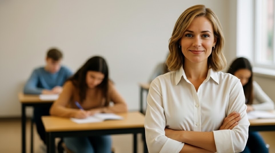 Substitute teacher in a classroom — the exact professional presence students respond to